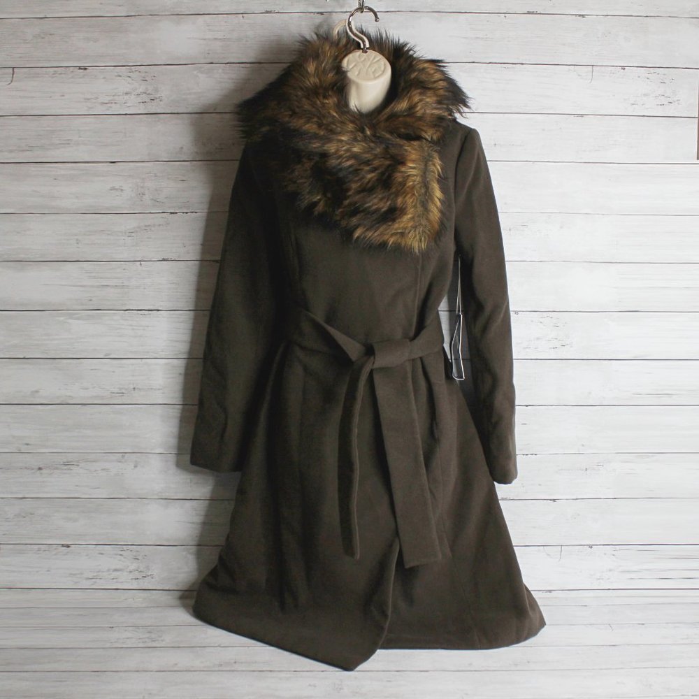 JLO Women's Long Brown Winter Coat Size S Belted Faux Fur Collar - Picture 6 of 6